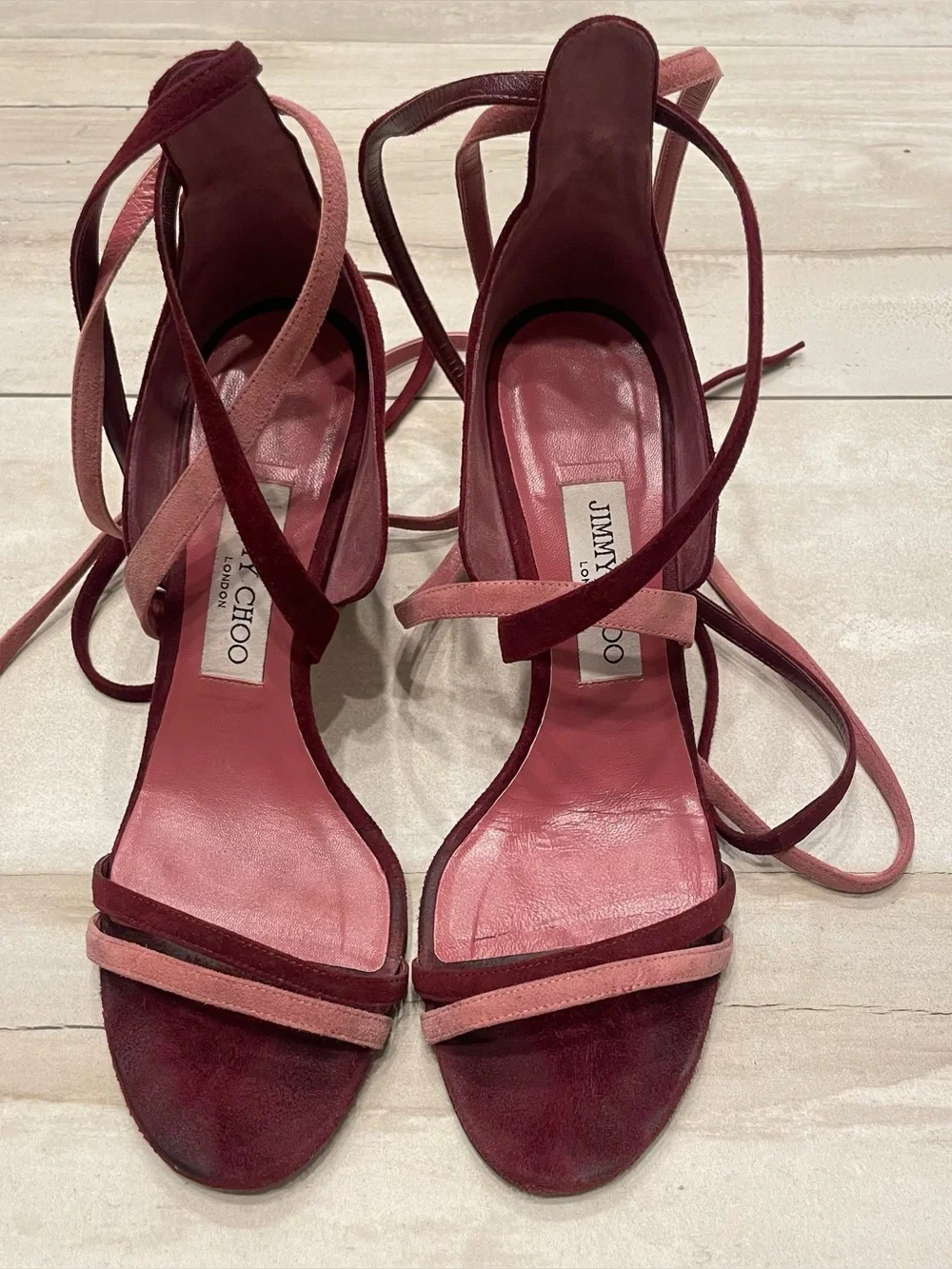 Jimmy Choo Flynn, orchid pink and burgundy suede wrap heels 37.5 7 7.5
